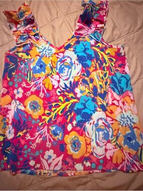 Mud Pie Floral Ruffle Strap Tank in Pink, Blue & Yellow